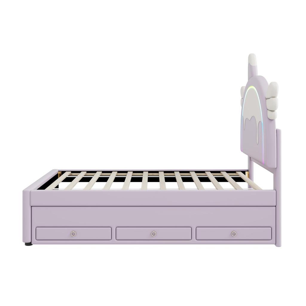 Children's Bed 90x200cm with LED Light, Sofa Bed Daybed with Pull-Out Bed and Drawers, Without Mattress