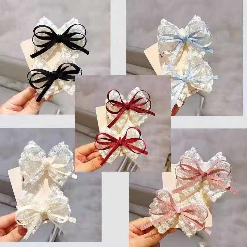 2 Pcs Blue Red Black Hair Clip Bow Hairpins Cloth Bow Side Bangs Clip Ribbon Side Hair Pins Barrettes Headwear Girls Pair Clips