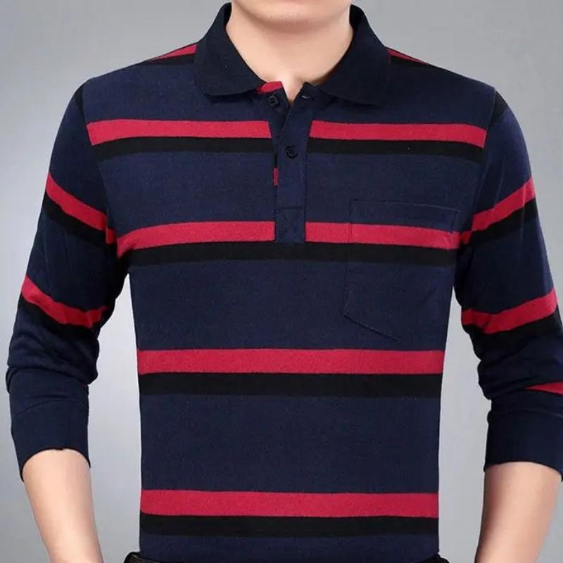 Camisas polo listradas masculinas da moda, novas camisas polo coreanas para negócios, primavera/outono, casuais, manga comprida, bolsos na lapela, roupas masculinas, tops de algodão, 2025