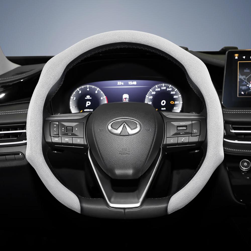bpzsw1 Suitable for Infiniti Premium Suede Snap-On Steering Wheel Cover, Non-Slip and Durable, Available for Round and D-Shaped 