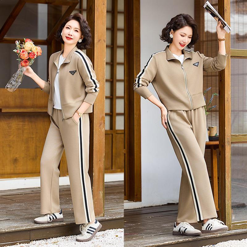 Frühlings-Freizeit-Zweiteiler mit Reißverschluss: Modische Langarm-Sportbekleidung für Frauen mittleren Alters