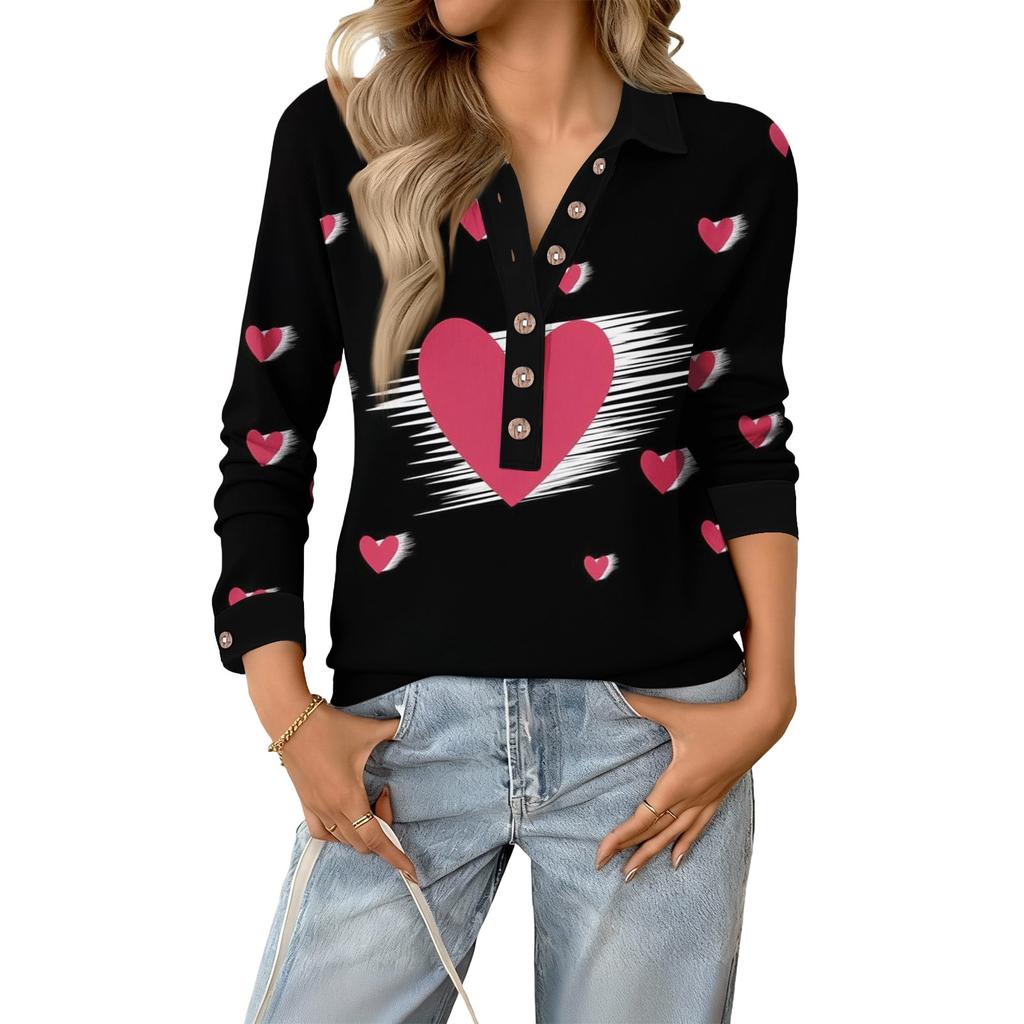 Damen Retro Street Lässiger V-Ausschnitt Langarm Knopf Valentinstag Herz Pullover Top
