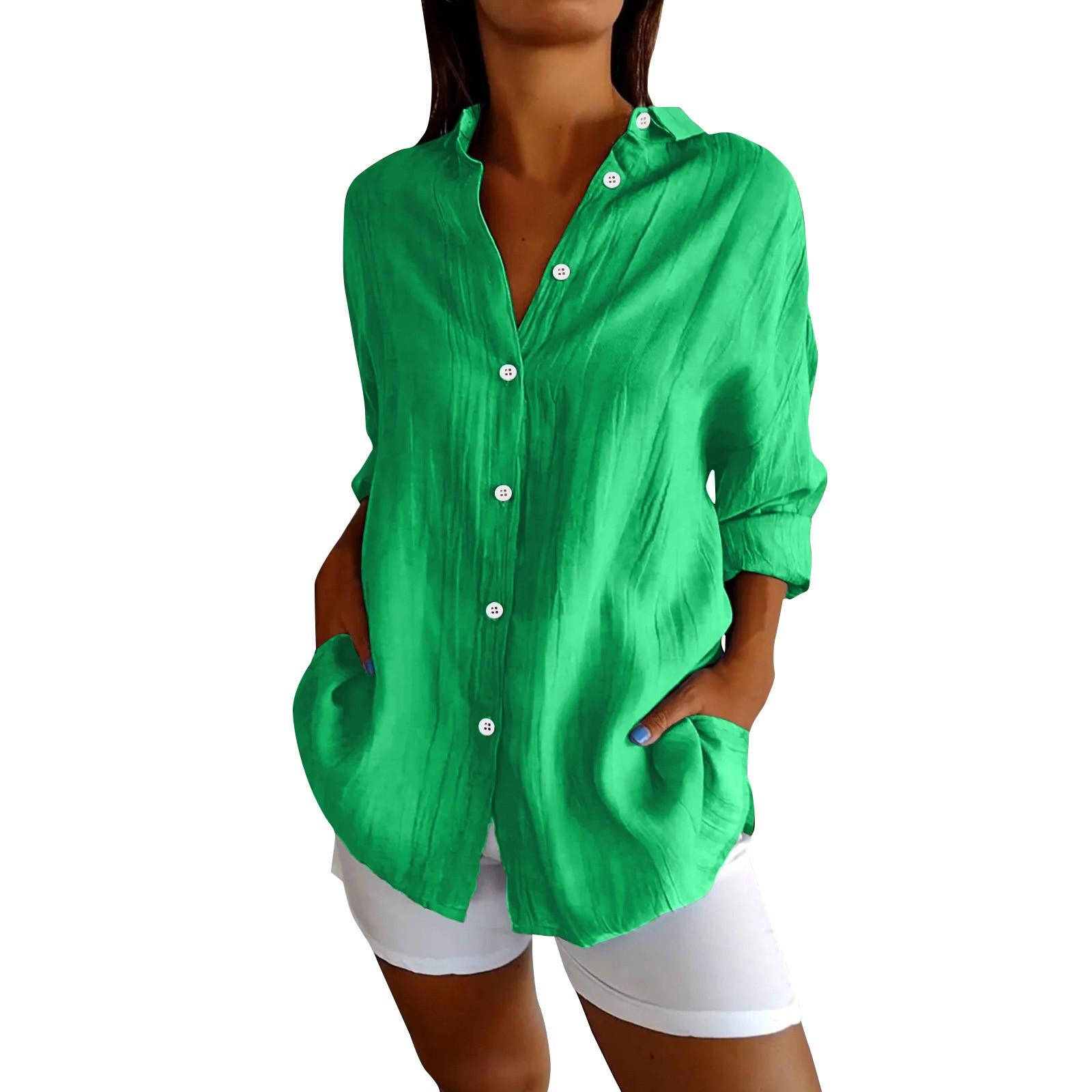 

Женская однотонная модная однобортная рубашка со складками и лацканами XL темно-зеленого