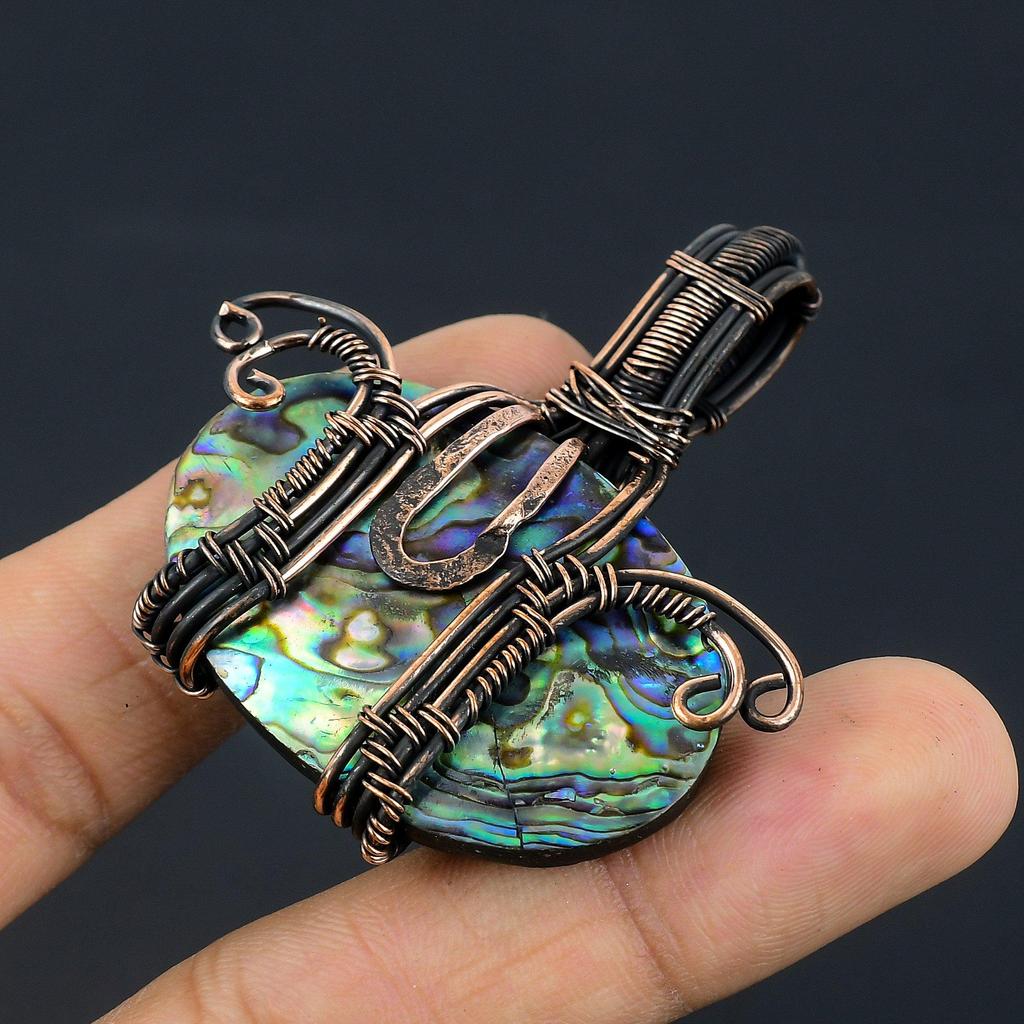 Abalone Shell 999 Copper Wire Wrapped Pendant, Handmade Gemstone Pendant Jewelry, Gifts For Wife Brand New Pendant