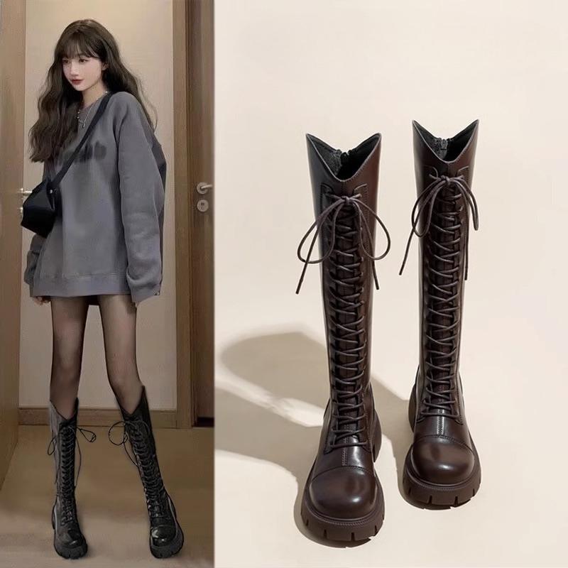 Winter Platform Cross Lace Up Woman Knight Boots Fashion Thick Heel Shoes Street Style Female Short Plush Long Booties