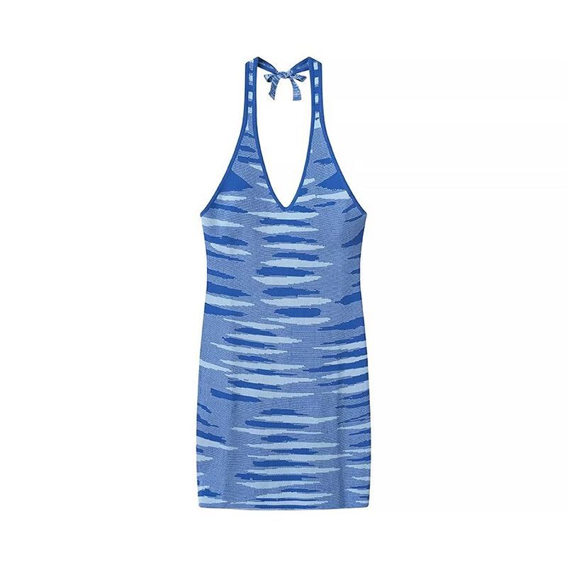 

Summer Dream Blue French Sexy Halterneck V-neck Skirt with Shoulder Straps Sexy Open Back Hip Bag Silm Knitting Dress Spotted Blue V Neck One size