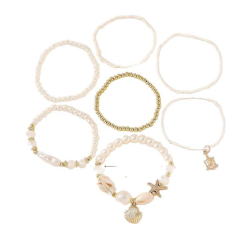 7-Piece Beach Bracelet Set: Ocean Bohemian Style, Shell, Starfish, and Pearl Pendant Bracelet, Suitable for Beach Vacations and