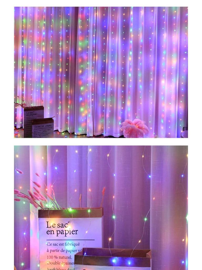 Colorful LED Curtain String Lights with Hooks, 3x3m USB and Remote Control for Christmas Decorations.