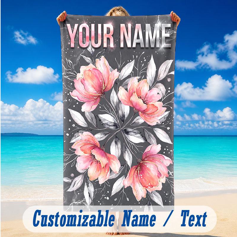 Floral Garden Theme Beach Towel Personalized Custom Name & Text Soft Quick Dry Beach Towel for Swimming Travel