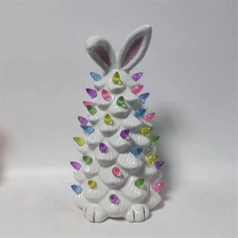Easter Decoration White Pottery Rabbit Figurines Led Glowing Animal Ornament Rabbit Tree Crafts for Easter Party Decor