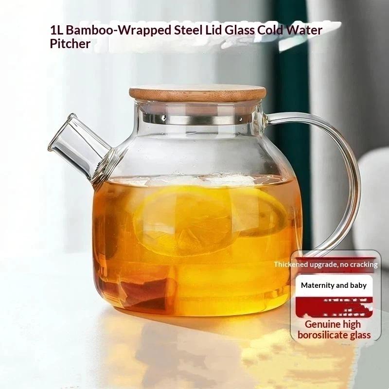Glass Teapot 1L with Bamboo Lid Heat Resistant Thickened Clear Pitcher for Cold Hot Drinks Kitchen Dining Use