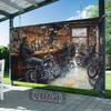 2D Flachdruck Motorrad Lenker Fotografie Hintergrund, Retro Biker Kneipen Szene für Party und Heimdekoration