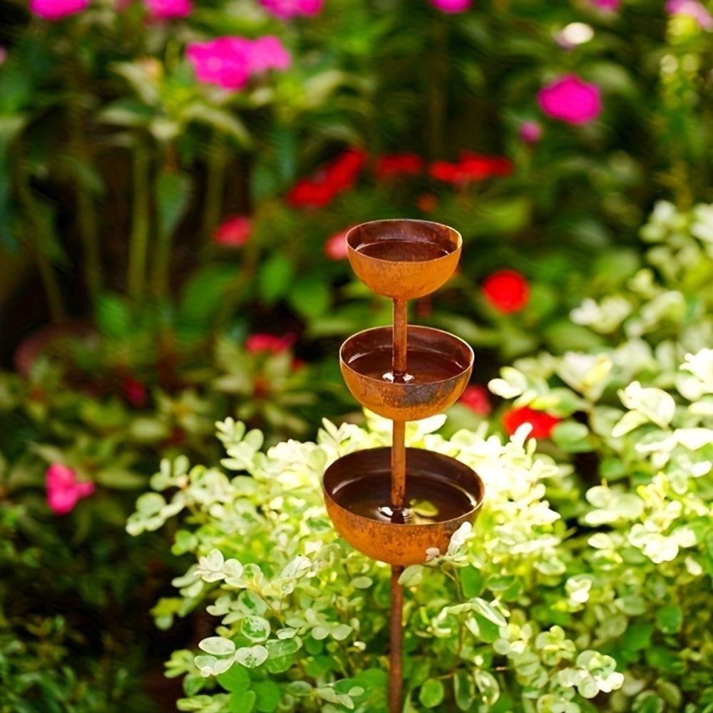 Plant Support Bird Water Feeder Rainwater Collector Metal Garden Stake Yard Ornament  Outdoor
