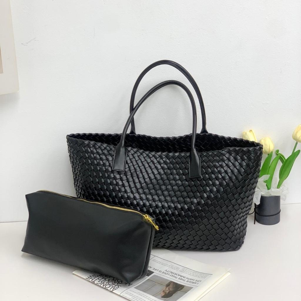 New Double-sided Woven Tote Bag Women's Genuine Leather Shoulder Handbag Large-capacity Shopping Bag Vegetable Basket Commuter Versatile