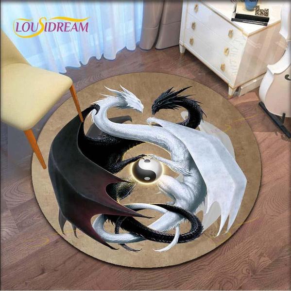 Cute Dragon Round Carpet Adult Kids Game Carpet Cartoon Dragon Round Rugs for Living Room Computer Desk and Chair Floor Mat