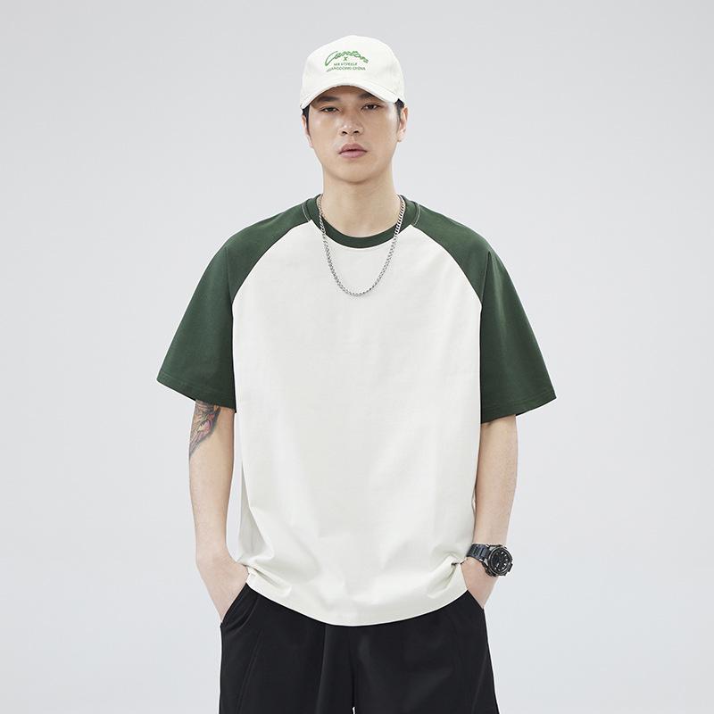 250G Men's Summer Trendy Color Block Raglan Tee - Heavyweight Pure Cotton, Loose Fit, Short Sleeve