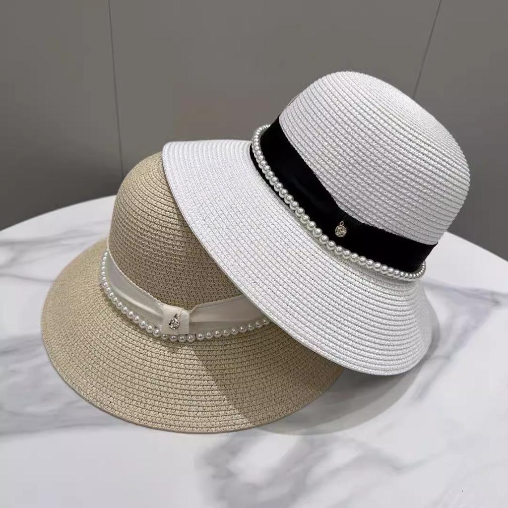 Straw Hat Ins Pearl M Letter Bucket Fisherman Hat Children Spring and Summer Fashion Versatile Basin Hat