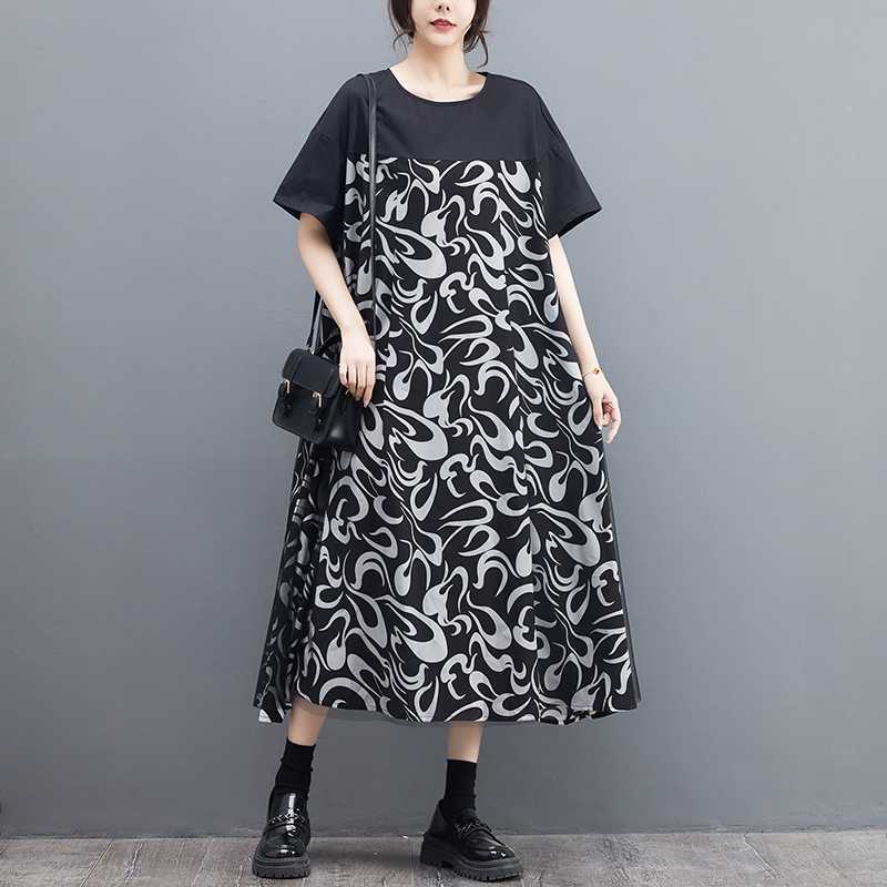 Loose Large-Sized Fashion Net Weave Patchwork Slimming Artistic Print Wide-Arm Pleated Dress