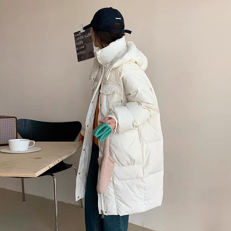 Long White Duck Down Jacket Women's 2025 Winter Fashion Hooded Multi-pocket Thickened and Thin Casual Over-the-knee Jacket