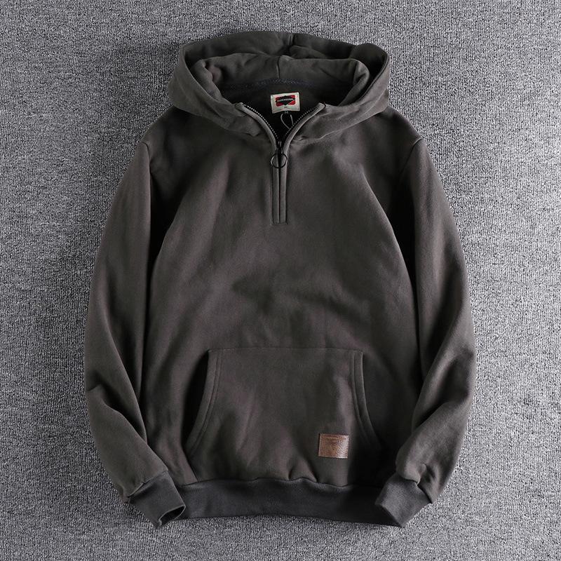 500g Heavyweight Half-Zip Men's Hooded Sweatshirt - Vintage Japanese-Style Trendy Youth Top