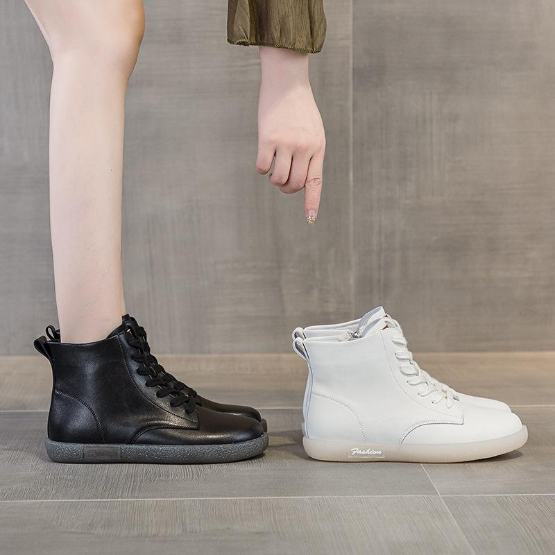 Large size high-top single shoes women's soft leather flats fashion lace-up casual short boots 2025 autumn and winter leather white shoes