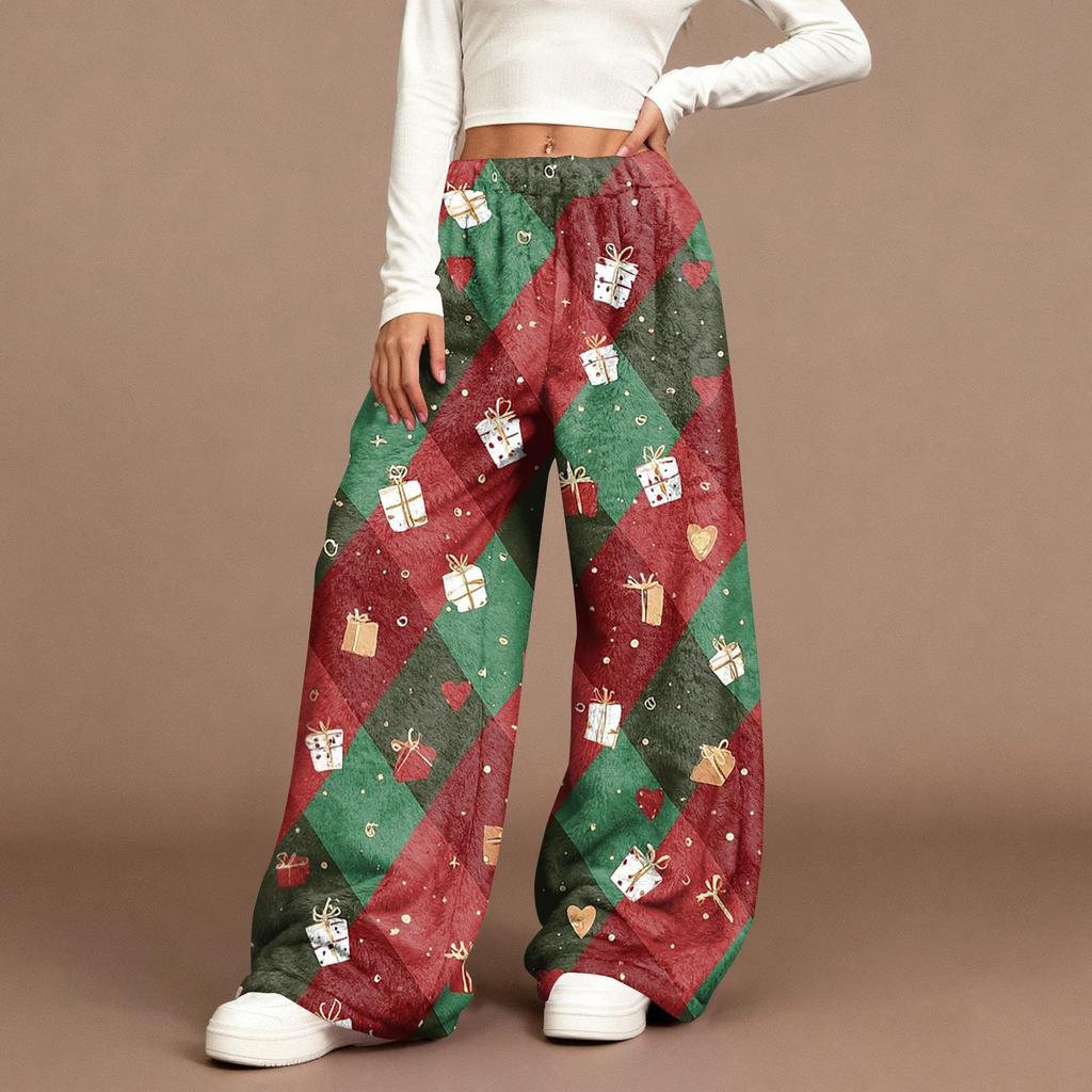 Women's Casual Fashion Christmas Print Elastic Waist Loose Plush Wide Leg Pants