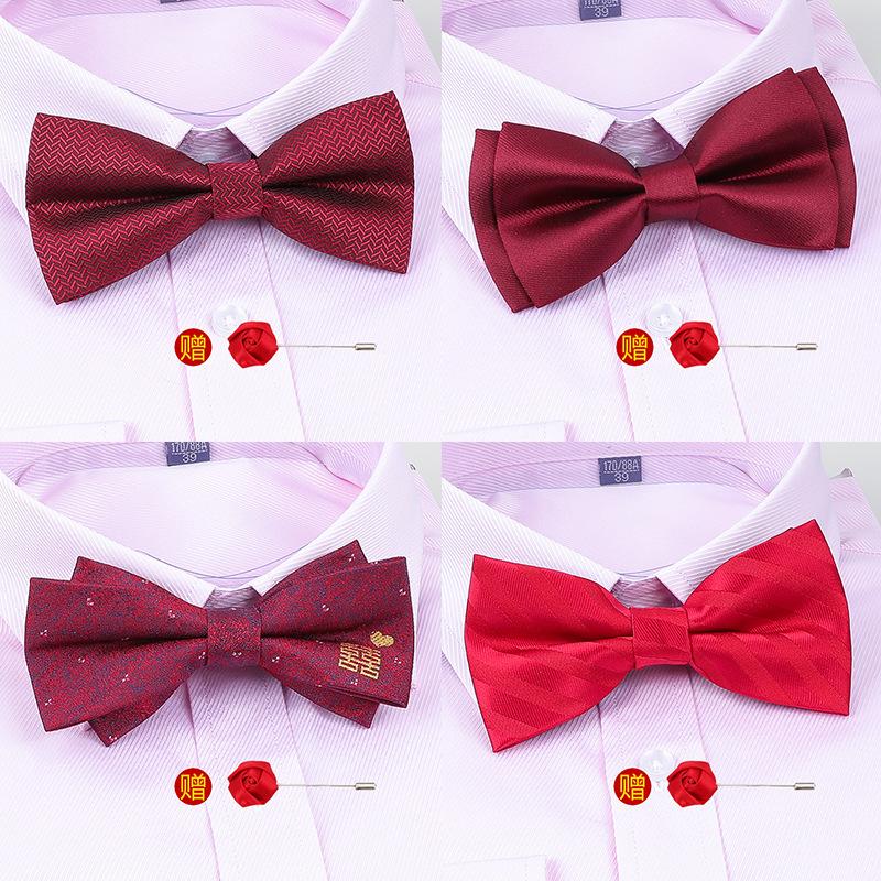 Men'S Korean Banquet Groom Wedding Best Man British Bow Tie Brooch Set Burgundy Bow Red Bow Tie