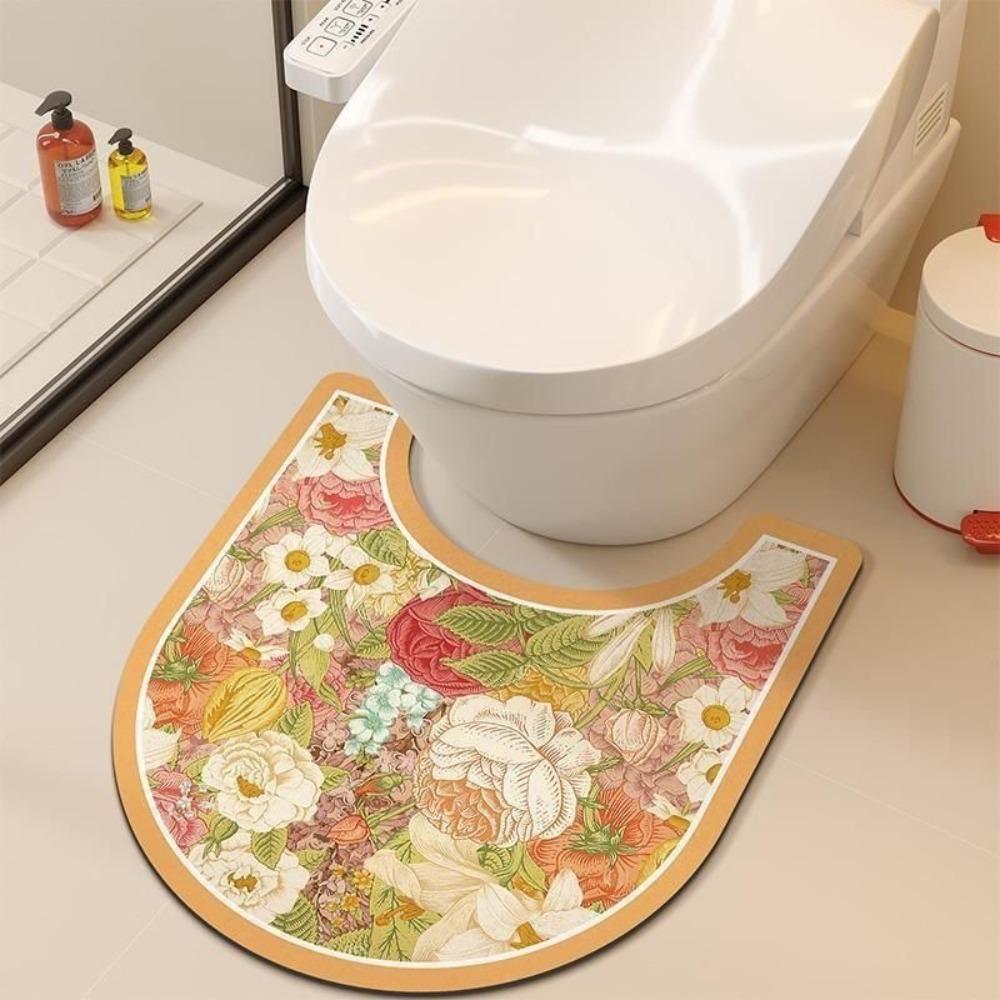 Quick Dry U-Shaped Toilet Mat Absorbent Toilet Pad Retro Floral Bathroom Rug Restroom