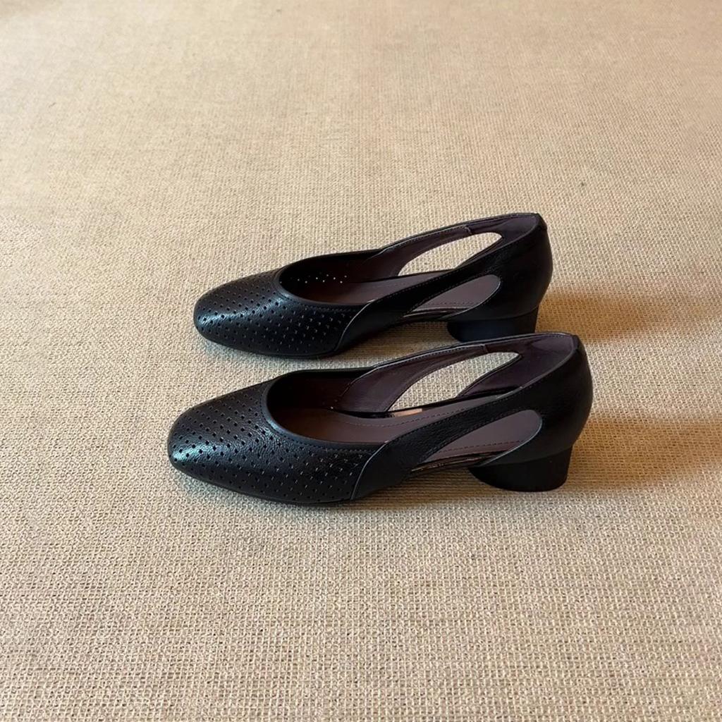 Super Soft Sheepskin~ French Cool Single Shoes Women's Square Head Hollow Hole Shoes Retro Shallow Mouth Hollow Breathable Mary Jane Shoes