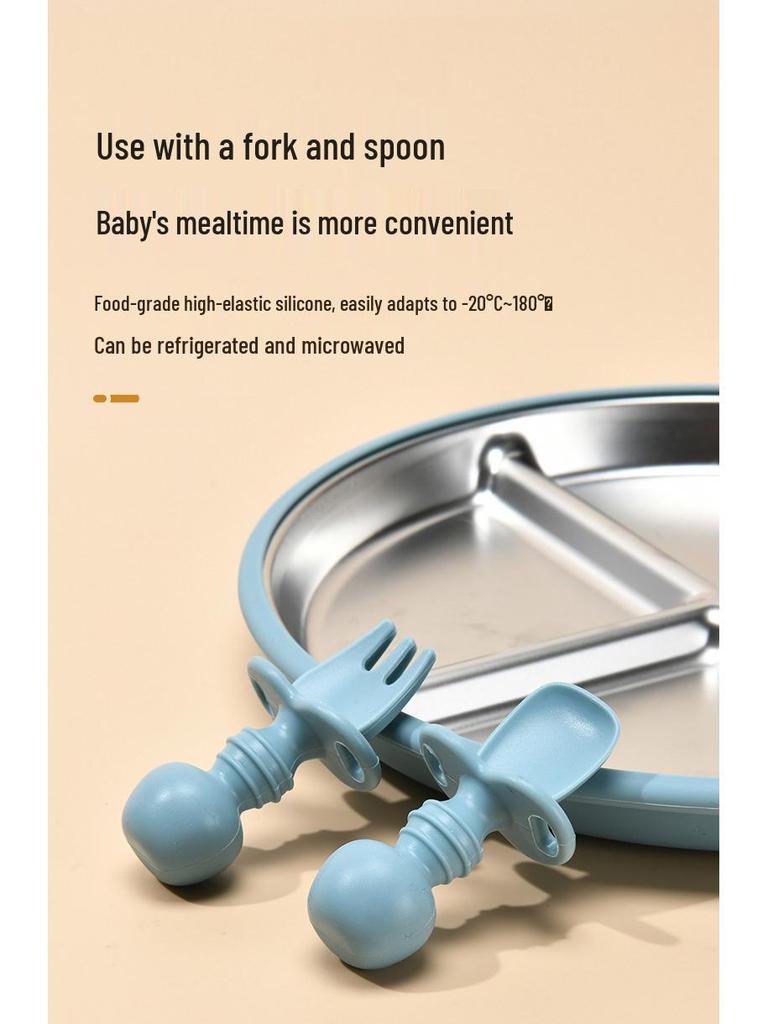 Children's Feeding Tableware Set: Stainless Steel Divided Plate with Food-Grade Silicone Suction Bowl and Spoon