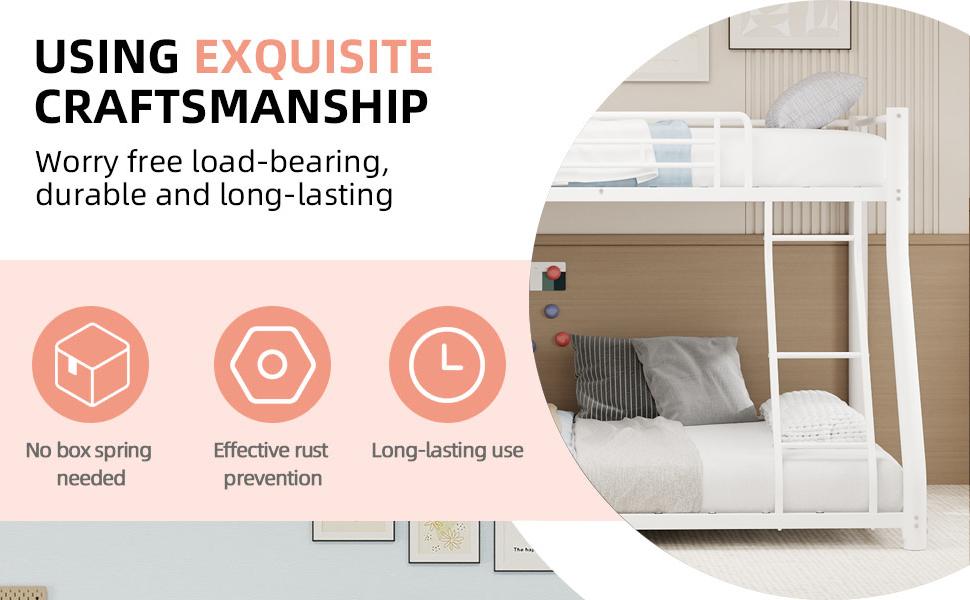 Estrutura de Metal Robusta para Cama Beliche, uma cama superior de 90*140cm e uma cama inferior de 140*190cm, Design que Economiza Espaço com Escada e Grades de Proteção de Comprimento Total.