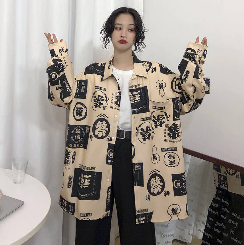 Harajuku Blouse Couple Shirt Women Men Clothing Blouses Bf Long Shirts Spring Autumn Turn-down Collar Casual Top