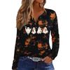 Women's Casual Halloween Print V-Neck Long Sleeve T-Shirt with Decorative Buttons