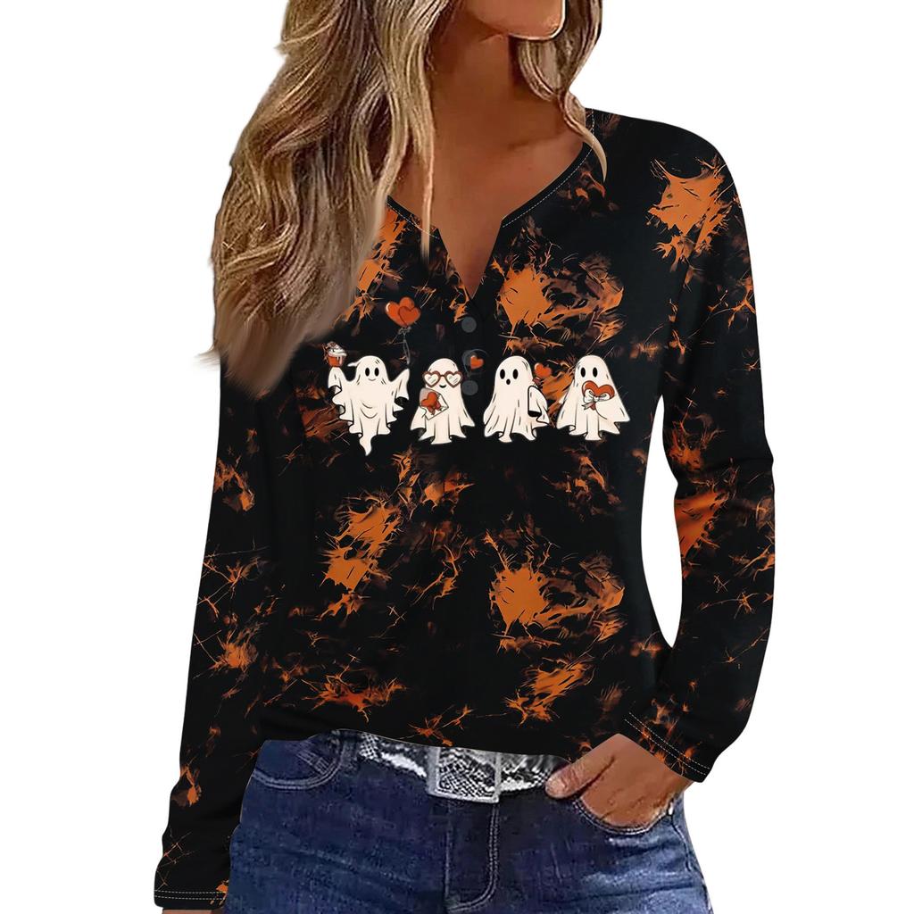 Women's Casual Halloween Print V-Neck Long Sleeve T-Shirt with Decorative Buttons