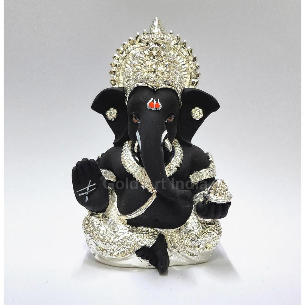 Silver Plated Idol for Ganesh Idol for Car Dashboard God Ganesha Idol for Home Decor Ganpati for Gift Silver Mukut Silver Black, Idol