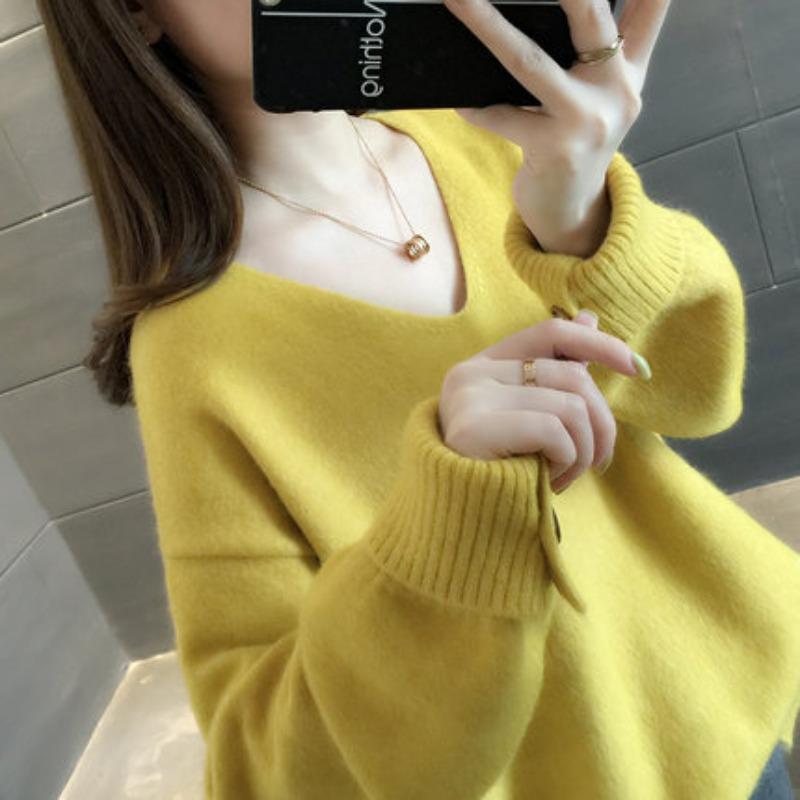 

Осень-зима V-образный вырез женский свободный вязаный свитер новый модный элегантный повседневный простой однотонный длинный рукав женские топы пуловеры свитера одежда 2195 One Size жёлтый