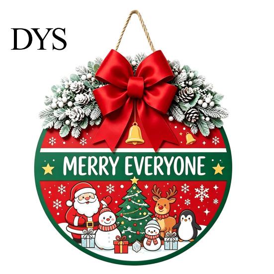 Winter Atmosphere Decor Christmas Wooden Welcome Sign for Front Door, Round Hanging Ornament with Santa Claus Snowman Art Artificial Pine Branches