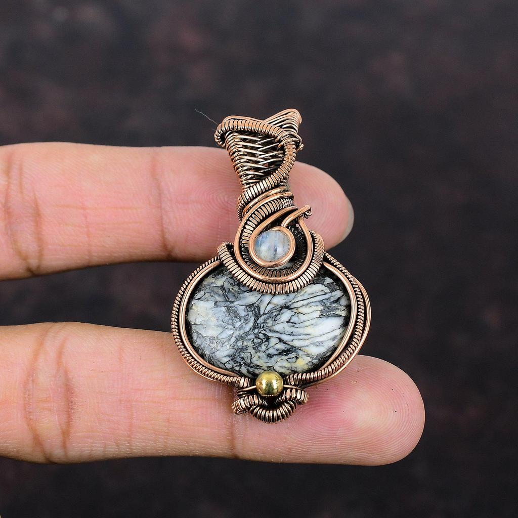 Pinolith Jasper Pendant Copper Wire Wrapped Rainbow Moonstone Pendant Natural Gemstone Pendant Copper Jewelry Handmade Pendant Gift For Him