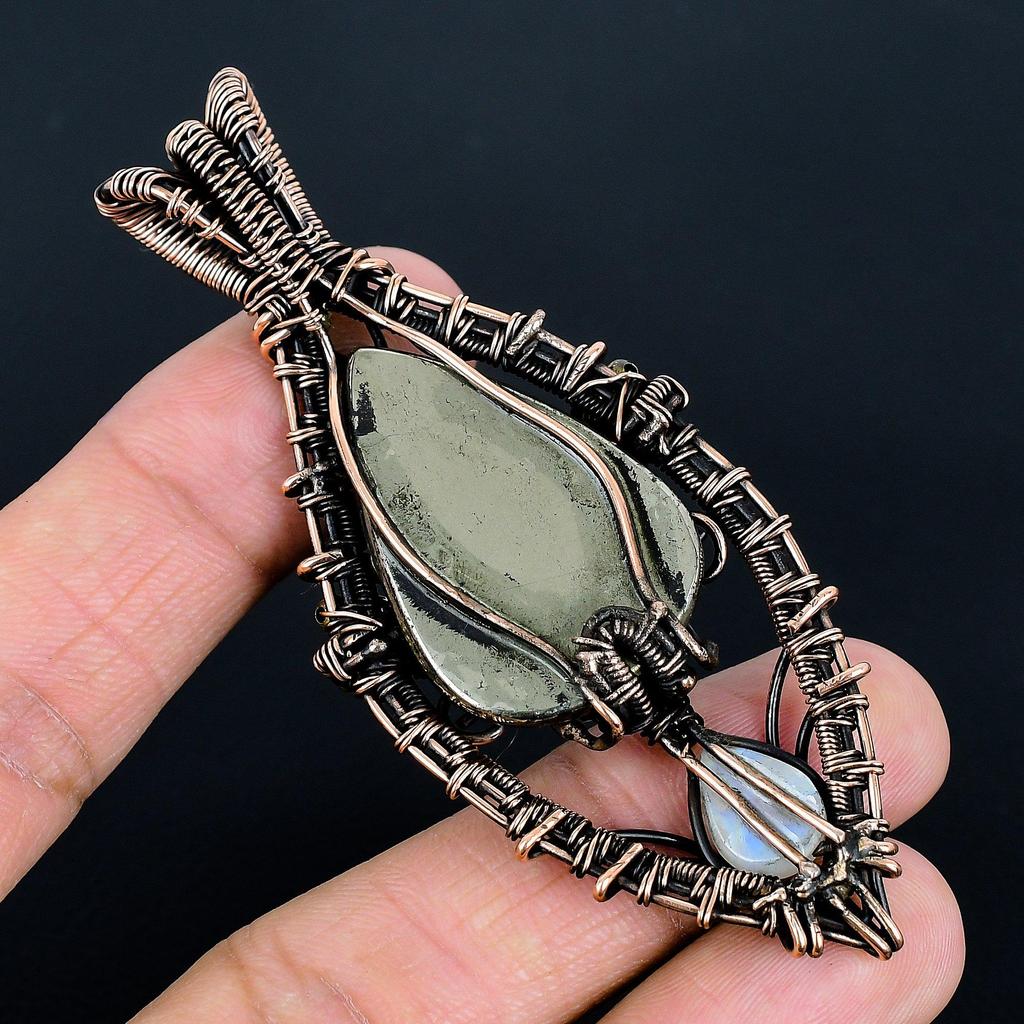 Pyrite & Moonstone Pendant, 999 Copper Wire Wrapped Gemstone Jewelry, Handmade Tree Of Life Pendant, For Thanksgiving