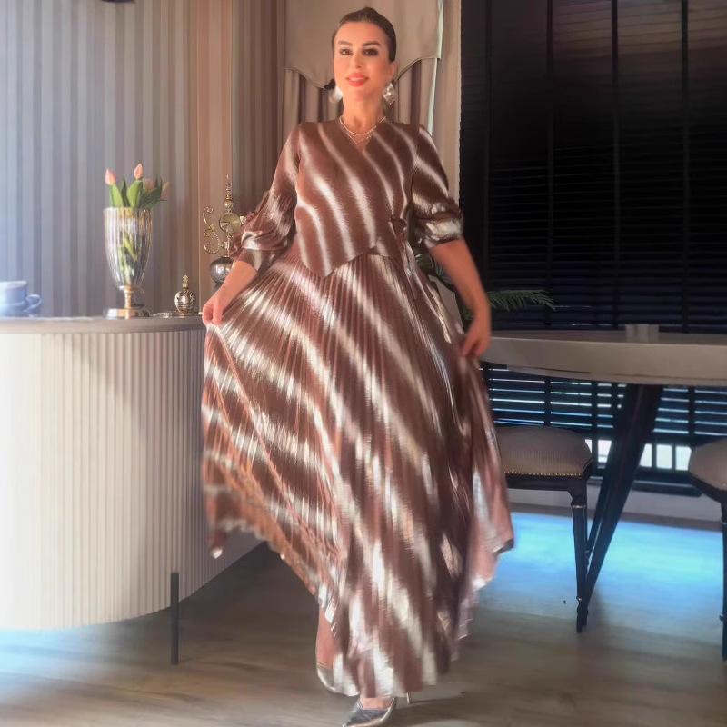 European & American Summer Print Fashion Slimming Belted Shirt Dress for Women M темно-коричневого