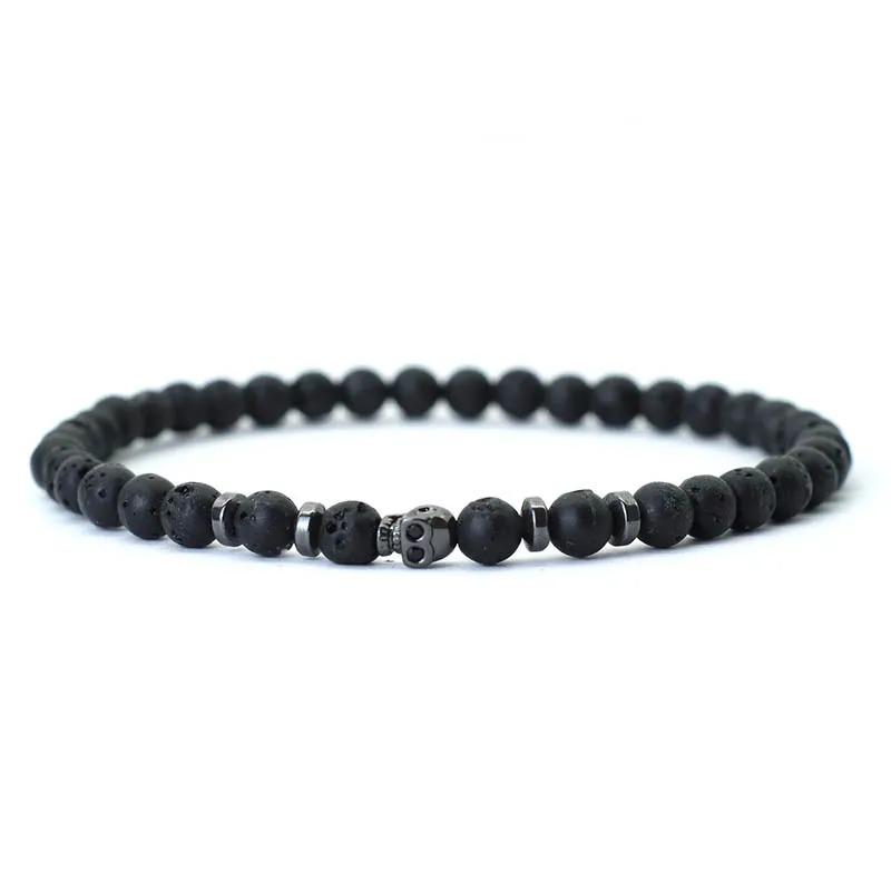 New Novel 4mm Beads Bracelet For Men Black Skull Braclet Homme Small Volcanic Rock Tiger Eyes Stone Braslet Gift For Him