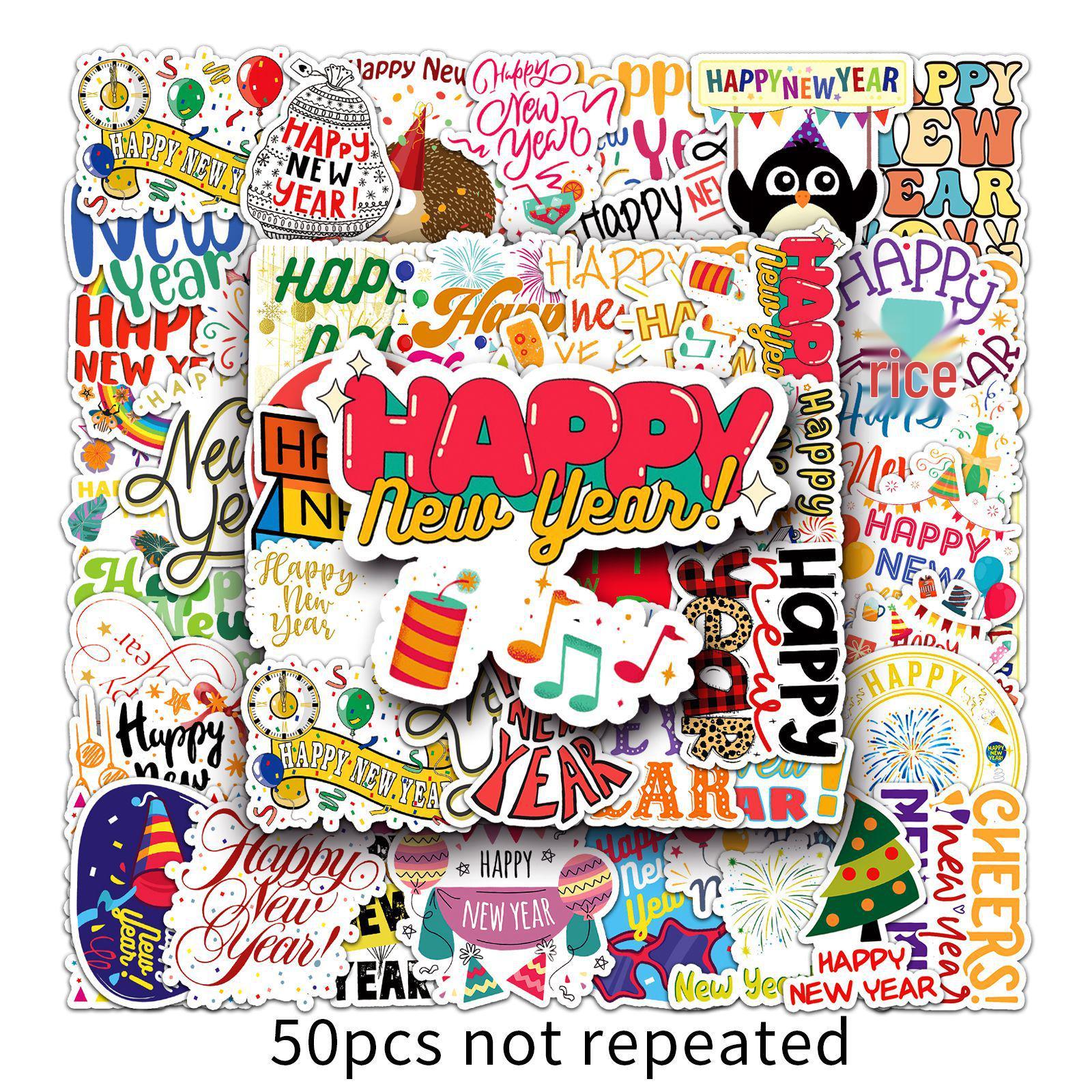50 Happy New Year Trendy Waterproof Personality Stickers for Suitcases, Laptops, and Refrigerators