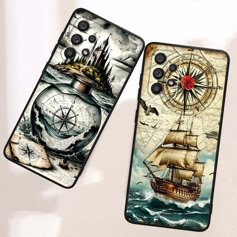 Vintage compass illustration Case For Samsung A41 A35 A34 A33 A32 A25 A24 A23 A21s A06 A05 A04 A03 Note 10 20 Ultra 5G Black