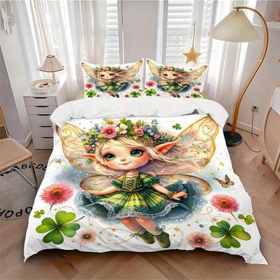 3pcs Lovely Tinker Bell Printed Quilt Set Soft and Comfortable Quilt Cover for Bedroom, Guest Room Bedding Set B058