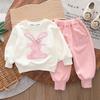 Herbst Neu Rosa 1-5 Jahre Mädchen Kleidung Cartoon Hase Blume Buchstabe Oberteil + Unifarbene Hose 2-teiliges Kinder Set