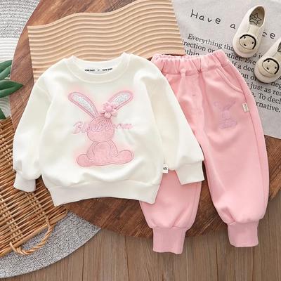 Herbst Neu Rosa 1-5 Jahre Mädchen Kleidung Cartoon Hase Blume Buchstabe Oberteil + Unifarbene Hose 2-teiliges Kinder Set