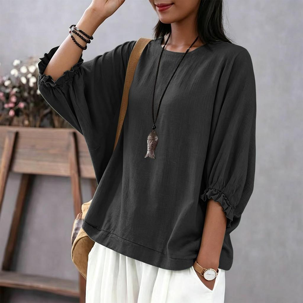 Damen Freizeit Bluse Lockere Passform Laternenärmel Rundhalsausschnitt Oberteil Leichter Bequemer Stoff Stilvolles Design für den Alltag