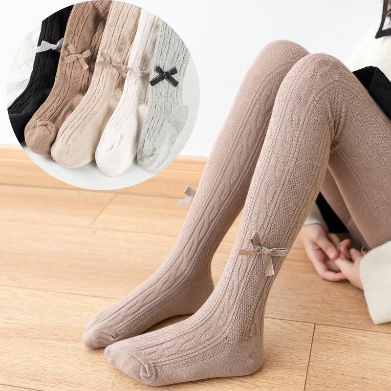 Khmer Cotton Tights for Children - Large Cable Knit, Open Crotch with Bowknot Style, Dual-Use Base Layer Pants for Toddlers and Girls