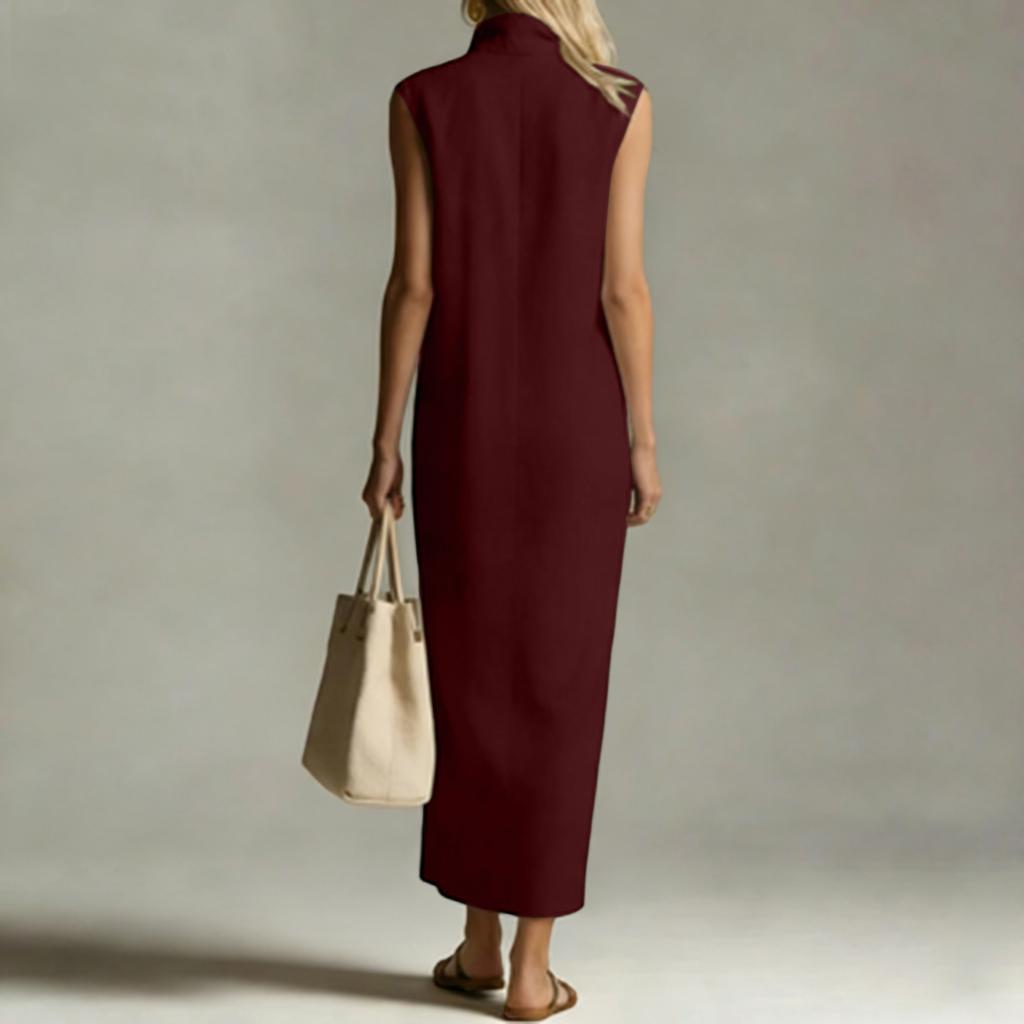 Women's Color Sleeveless Zipper Stand Up Collar Fashionable Slit Casual Dress