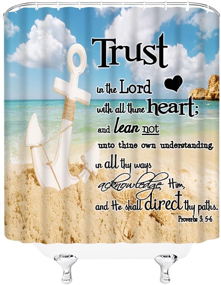 Inspirational Quote Shower Curtain Trust The Lord With All Thine Heart Ocean Beach Anchor Nautical Sea Wave Vintage Summer Brown